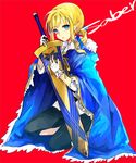  artoria_pendragon_(all) avalon_(fate/stay_night) bad_id bad_pixiv_id blonde_hair blue_cape blue_eyes cape character_name excalibur fate/zero fate_(series) full_body gloves gmanee hair_ribbon kneeling ponytail red_background ribbon saber sheath sheathed solo sword weapon 