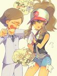  1girl baseball_cap brown_hair crying denim denim_shorts formal handkerchief hat long_hair pokemon pokemon_(game) pokemon_bw ponytail punching rich_boy_(pokemon) shoku_jaku short_hair shorts tegaki touko_(pokemon) 