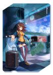  analog_clock bag between_breasts breasts brown_hair checkered checkered_floor clock fare_gate hair_ornament hairclip highres kamome_yuu luggage miniskirt original outstretched_arms red_eyes short_shorts shorts shorts_under_skirt skirt solo strap_cleavage thighhighs train_station 