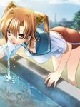  bent_over breasts brown_eyes brown_hair buruma covered_nipples downblouse drinking_fountain looking_at_viewer medium_breasts original reflection school_uniform serafuku smile solo takase_muu twintails water 