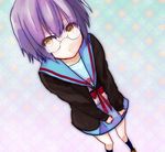  blush cardigan glasses kita_high_school_uniform nagato_yuki purple_hair sakuma_(sheath) school_uniform serafuku short_hair solo suzumiya_haruhi_no_shoushitsu suzumiya_haruhi_no_yuuutsu yellow_eyes 