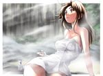  breasts brown_hair cup long_hair medium_breasts naked_towel onsen original sakazuki sitting solo steam takase_muu tokkuri towel 