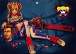  1girl blonde_hair blood blue_eyes breasts candy chainsaw cheerleader cleavage clothes_writing food highres juliet_starling lollipop lollipop_chainsaw loose_socks medium_breasts necktie nick_carlyle non-web_source severed_head shoes skirt sneakers socks thighhighs twintails yamashita_shun'ya zoom_layer 