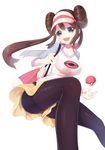  :d bag blue_eyes breasts brown_hair double_bun handbag highres long_hair medium_breasts mei_(pokemon) open_mouth pantyhose poke_ball pokemon pokemon_(game) pokemon_bw2 raglan_sleeves ririko_(zhuoyandesailaer) shorts sitting smile solo thighband_pantyhose twintails visor_cap 