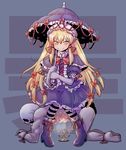  1girl aosode blonde_hair bow candle elbow_gloves frills gloves hat looking_at_viewer pantyhose pigeon-toed sin_sack sitting sitting_on_person skirt smile striped striped_legwear touhou umbrella yakumo_yukari yellow_eyes 