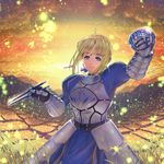  ahoge armor armored_dress artoria_pendragon_(all) blonde_hair bowl chopsticks dress excalibur fate/stay_night fate_(series) food food_on_face gauntlets green_eyes hair_ribbon highres light_particles manabu_adachi md5_mismatch ribbon rice_bowl saber solo 