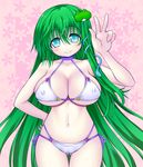  asamura_hiori bikini blue_eyes breasts cleavage covered_nipples curvy frog_hair_ornament green_hair hair_ornament hand_on_hip kochiya_sanae large_breasts navel smile solo star string_bikini swimsuit touhou 