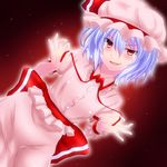  blue_hair blush dutch_angle fang fangs hat highres naughty_face red_eyes remilia_scarlet short_hair simple_background smile solo teasing touhou untying watarui wrist_cuffs 