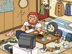  assassin_(fate/zero) beard bed blonde_hair chibi child_assassin_(fate/zero) cosmoninzin_trap dark_skin dark_skinned_male eating facial_hair fate/zero fate_(series) green_eyes green_hair male_focus martha_mackenzie mouse multiple_boys old_woman plant potted_plant purple_eyes purple_hair red_eyes red_hair rider_(fate/zero) senbei shawl waver_velvet 