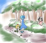  animal_ears blonde_hair blue_hair bow bunny_ears cirno dress eye_contact hair_bow hihachi inaba_tewi looking_at_another multiple_girls rumia short_hair touhou 