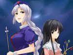  arrow black_hair braid branch grey_eyes hat houraisan_kaguya jeweled_branch_of_hourai long_hair miyo_(ranthath) multiple_girls purple_eyes silver_hair sky smile star_(sky) starry_sky touhou upper_body wrist_cuffs yagokoro_eirin 