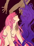  ateka dark_skin hand_on_shoulder himemiya_anthy lips long_hair multiple_girls nude pink_hair profile purple_hair shoujo_kakumei_utena simple_background tenjou_utena touching upside-down yuri 