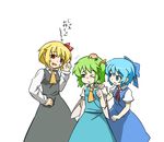 &gt;_&lt; 3girls blonde_hair blue_eyes blue_hair bow cirno closed_eyes daiyousei dress green_hair hair_bow hair_ribbon hand_on_shoulder head_bump hihachi multiple_girls necktie one_eye_closed open_mouth pointing pointing_up red_eyes ribbon rumia short_hair side_ponytail tears touhou translated wings 