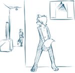  blue_and_white canine crate cub fox hair lamp male mammal monochrome navel nude photo plain_background sketch standing tail_censorship wall white_background young 