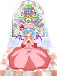  bat_wings blouse blue_hair blush buttons checkered checkered_floor closed_eyes flower frills halo hands_on_own_chest hands_together hat hat_ribbon light own_hands_together remilia_scarlet ribbon seiza short_sleeves sitting skirt smile solo stained_glass touhou umi_suzume wall window wings 