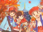  autumn autumn_leaves backwards_hat bandana baseball_cap black_hair brown_hair coat drawr falling gen_3_pokemon gold_(pokemon) hat holding kouki_(pokemon) leaf looking_at_viewer maple_leaf mudkip muguu multiple_boys outdoors pokemon pokemon_(creature) pokemon_(game) pokemon_bw pokemon_dppt pokemon_frlg pokemon_hgss pokemon_platinum pokemon_rse red_(pokemon) red_(pokemon_frlg) scarf touya_(pokemon) tower winter_clothes yuuki_(pokemon) 