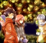  2boys alternate_costume black_hair blue_hair christmas coat crystal_(pokemon) cyndaquil dated gen_2_pokemon gloves gold_(pokemon) lamp-ao merry_christmas multiple_boys natu plant pokemon pokemon_(creature) pokemon_special red_eyes red_hair scarf silver_(pokemon) sneasel tree 