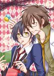  alvin_(tales) argyle argyle_background bespectacled black_hair book brown_eyes brown_hair candy food food_in_mouth glasses jude_mathis labcoat lollipop male_focus mouth_hold multiple_boys necktie pink_background school_uniform seine_(blueagate) smile tales_of_(series) tales_of_xillia yellow_eyes 
