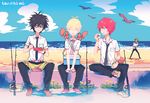  akira_agarkar_yamada beach bird blonde_hair cloud day duck fishing_rod glasses haru_(tsuritama) male_focus multiple_boys necktie ocean open_mouth outdoors red_hair sanada_yuki school_uniform sky squirrel tapioka tsuritama turban usami_natsuki wazuka_(wzzc) 