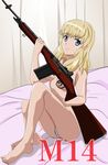  barefoot battle_rifle bed blonde_hair blue_eyes breasts gentoku gun highres long_hair long_legs m14 m14_(upotte!!) panties rifle sitting small_breasts solo topless underboob underwear upotte!! weapon white_panties 