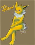  2012 breasts crossed_legs demu female jolteon nipples nude open_mouth plain_background pok&eacute;mon pok&eacute;morph sitting smile solo 