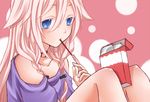  bare_shoulders braid eating food ia_(vocaloid) long_hair mouth_hold pink_hair pocky solo twin_braids vocaloid yayoi_(egoistic_realism) 
