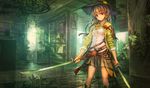 belt boots brown_eyes brown_hair dress_shirt dual_wielding hat holding indoors jacket katana knee_boots lm7_(op-center) long_hair looking_at_viewer original overgrown peace_symbol plant pleated_skirt ribbon scenery school_uniform shirt skirt sleeves_pushed_up smile smiley_face soldier solo sword weapon 