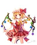 adapted_costume alternate_wings artist_name blonde_hair cowboy_shot cropped_legs dress fang flandre_scarlet grandia_bing hat red_eyes side_ponytail smile solo touhou white_background wings 