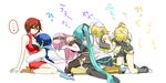  bare_shoulders blonde_hair boots bra breast_smother breasts brown_hair crying hair_ornament hair_ribbon hairclip hands_on_own_face hatsune_miku headphones headset highres hug hug_from_behind kagamine_len kagamine_rin kaito lingerie long_hair medium_breasts megurine_luka meiko multiple_boys multiple_girls nyakelap pink_hair ribbon short_hair skirt small_breasts thighhighs twintails underwear very_long_hair vocaloid 