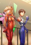  1boy 1girl absurdres blonde_hair blue_bodysuit blue_eyes bodysuit box brown_hair drinking_straw embarrassed eva_01 gift gift_box headpiece highres holding holding_box ikari_shinji indoors long_hair looking_away makka_na_kedamono neon_genesis_evangelion open_mouth plugsuit red_bodysuit soryu_asuka_langley standing sweatdrop valentine very_long_hair 