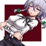  blue_eyes bow braid breasts crossed_arms hair_bow izayoi_sakuya large_breasts lowres maid_headdress parody segami_daisuke short_hair silver_hair solo taimanin_(series) taimanin_asagi touhou twin_braids 