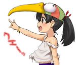  \m/ animal_hat beak bird_hat black_hair blush bracelet brown_eyes child hat jewelry open_mouth original outstretched_arm ponytail profile ring sagamimok simple_background smile solo strap_slip string torn_clothes translation_request upper_body white_background 