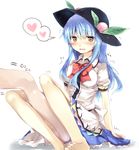  1girl barefoot blue_hair blush bow feet food fruit hat heart highres hinanawi_tenshi long_hair myuutsuu open_mouth peach solo spoken_heart touhou trample white_background 