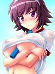  baton between_breasts blush breasts brown_hair covered_nipples dha kami_nomi_zo_shiru_sekai large_breasts looking_at_viewer no_bra purple_eyes see-through short_hair simple_background solo sparkle sweat takahara_ayumi upper_body 