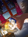  bed blanket blonde_hair blue_eyes blue_hair candle curtains dutch_angle happy lamp lying multiple_girls night nude ooshima_towa original pillow short_hair smile snow snowing underwear underwear_only window yuri 