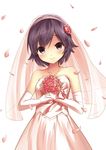  bad_id bad_pixiv_id blush bouquet collarbone dress flower highres jewelry kami_nomi_zo_shiru_sekai light_smile necklace petals purple_eyes purple_hair sarekoube short_hair simple_background solo takahara_ayumi veil wedding_dress white_background 