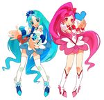  blue_bow blue_eyes blue_hair blue_skirt boots bow cure_blossom cure_marine hanasaki_tsubomi heart heartcatch_precure! knee_boots kurumi_erika long_hair magical_girl mmlu_(honwa_karesu) multiple_girls open_mouth outstretched_hand pink_hair ponytail precure red_bow simple_background skirt white_background wrist_cuffs 