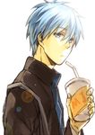  bad_id bad_pixiv_id blue_eyes blue_hair drink kuroko_no_basuke kuroko_tetsuya looking_at_viewer lowres male_focus school_uniform sleepy69 solo strap sunlight 