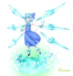  blue_dress blue_eyes blue_hair bow bowtie character_name cirno dress full_body hair_bow hak highres ice ice_wings leg_ribbon outstretched_arms ribbon shoes short_hair solo touhou white_background wings wrist_ribbon 