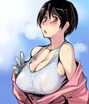  blush breasts brown_eyes brown_hair cleavage covered_nipples gloves huge_breasts idolmaster idolmaster_cinderella_girls jumpsuit off_shoulder oikawa_shizuku open_clothes open_mouth see-through short_hair sideboob sleeves_rolled_up solo sweat tank_top tsuda_nanafushi wet wet_clothes 