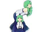  age_difference bad_id bad_pixiv_id blush breasts child detached_sleeves frog_hair_ornament green_eyes green_hair hair_ornament hair_tubes kochiya_sanae long_hair medium_breasts multiple_girls open_mouth short_hair skirt smile snake sutenuko time_paradox touhou younger 