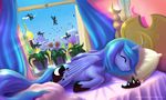  bed castle changeling crown cutie_mark equine female feral flower friendship_is_magic group horn invasion mammal my_little_pony princess_luna_(mlp) sky sleeping smile winged_unicorn wings 