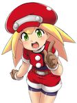  bike_shorts blonde_hair gloves green_eyes hat index_finger_raised open_mouth red_shorts rockman rockman_dash roll_caskett sagamimok shorts smile solo standing 