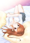 bed breasts brown_hair cleavage crossed_arms large_breasts long_hair lying on_back ooshima_towa original pillow red_eyes shirt short_sleeves skirt solo upside-down white_shirt 