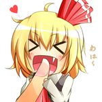  &gt;_&lt; ahoge ascot blonde_hair blush chibi closed_eyes fang finger_to_another's_mouth finger_to_mouth hair_ribbon heart highres holding open_mouth ribbon rumia shirt short_hair solo_focus touhou vest warabi_mochi_(ehimedaisuki) 