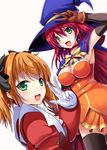  alice_wishheart black_legwear blonde_hair bow company_connection crossover earrings elbow_gloves gloves green_eyes hat highres jewelry kaitou_tenshi_twin_angel konami long_hair magical_halloween minazuki_haruka_(twin_angel) multiple_girls open_mouth orange_skirt red_hair skirt star star_earrings thighhighs twin_angel twintails witch_hat yellow_bow yuki_mizore 