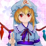  armband bad_id bad_pixiv_id blonde_hair bug butterfly checkered checkered_background cherry_blossoms cosplay flandre_scarlet hat insect japanese_clothes kimono light_smile looking_at_viewer obi pink_background red_eyes saigyouji_yuyuko saigyouji_yuyuko_(cosplay) sash short_hair side_ponytail solo touhou triangular_headpiece v wings yamai_tsuki 