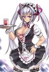  apron breasts cup hair_ribbon horns houtengeki large_breasts long_hair looking_at_viewer maid maid_apron maid_headdress original purple_eyes ribbon silver_hair sketch smile solo thighhighs tray twintails waitress wrist_cuffs 