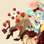  alternate_hairstyle aqua_eyes aqua_hair balloon bow brown_legwear cake chocolate food fruit garter_straps hair_bow hair_bun hatsune_miku heart heart_balloon high_heels long_hair macaron open_mouth sana-m shoes simple_background sitting solo strap_slip strawberry thighhighs vocaloid 