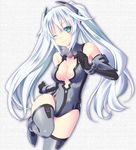  ;) alternate_costume aqua_eyes armpits bangs bare_shoulders black_gloves black_heart blush boots breasts cleavage cleavage_cutout clenched_hand colored_eyelashes elbow_gloves gloves grey_legwear halterneck head_tilt headgear heart kami_jigen_game_neptune_v leg_lift leotard long_hair looking_at_viewer magical_girl medium_breasts minagi neptune_(series) one_eye_closed outline smile solo symbol-shaped_pupils thigh_boots thighhighs turtleneck twintails very_long_hair white_hair 